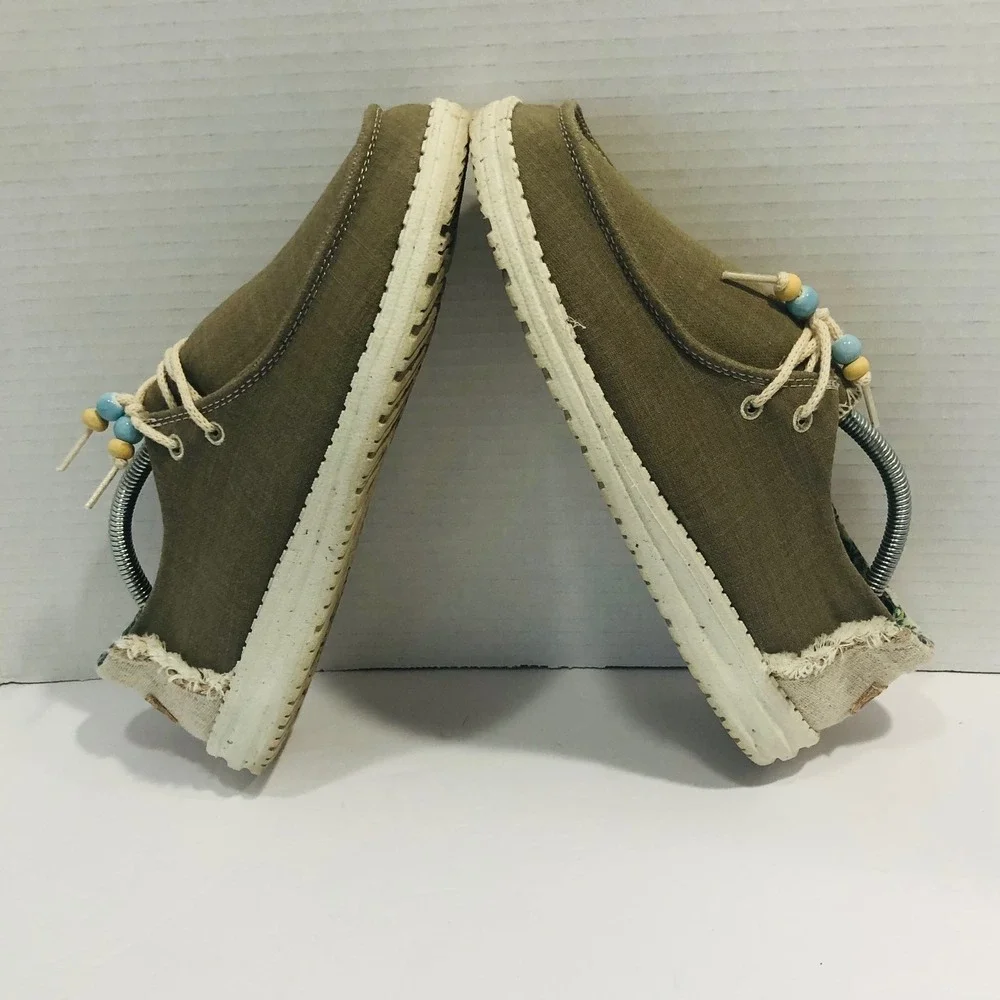 Hey Dude Wendy Rosemary Boho Earthy Canvas Loafers Shoes Beaded Fringe  Womens 8